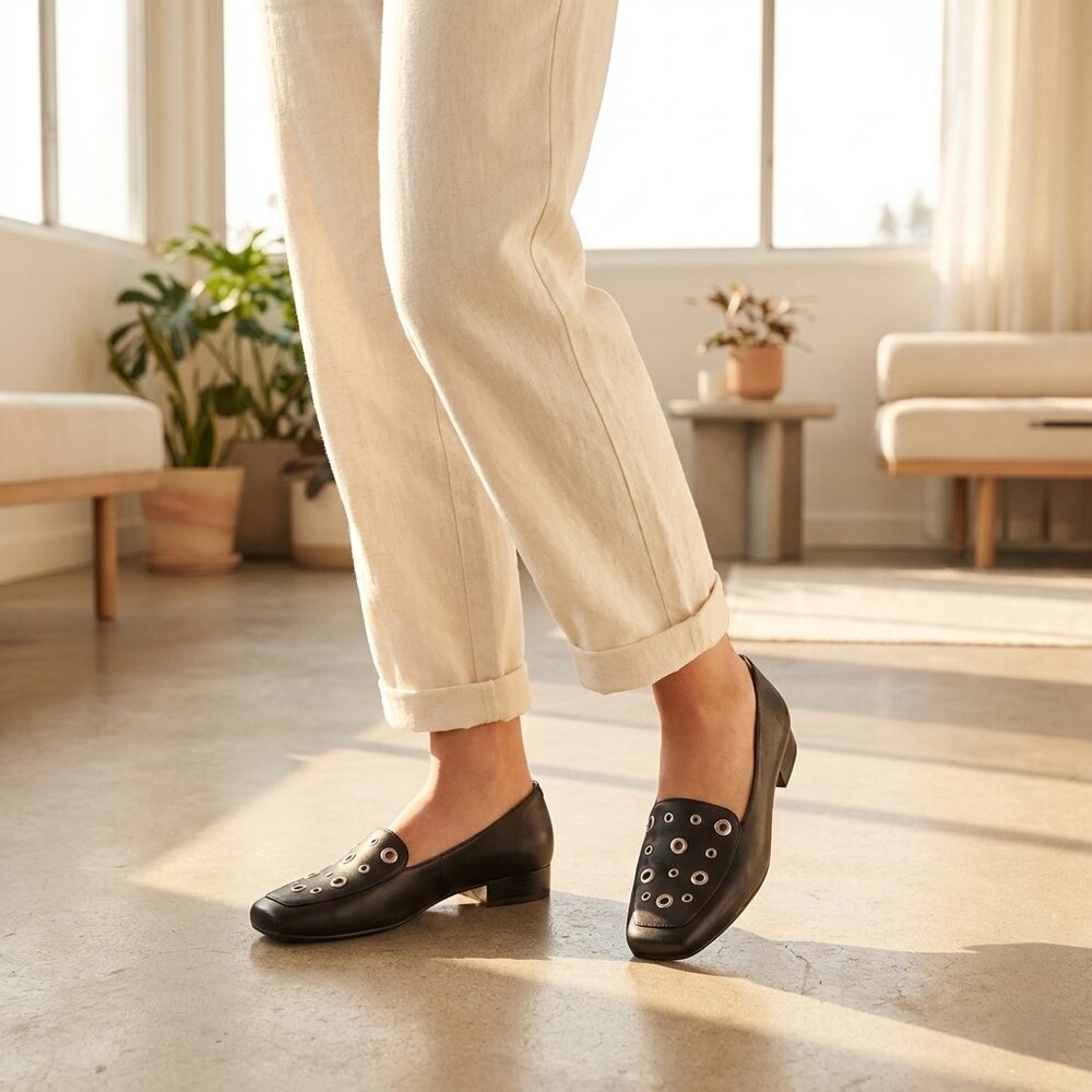 Naturalizer Black Leather Loafers with Silver Eyelet Detail Size 7